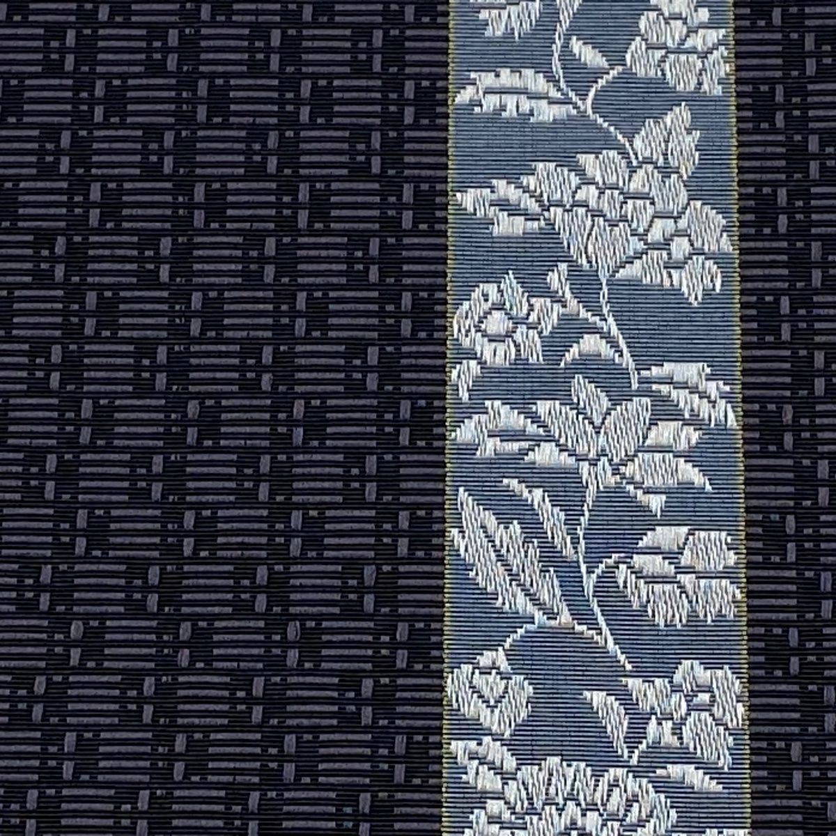 半幅帯 証紙 博多織 草花 縞 黒灰 正絹