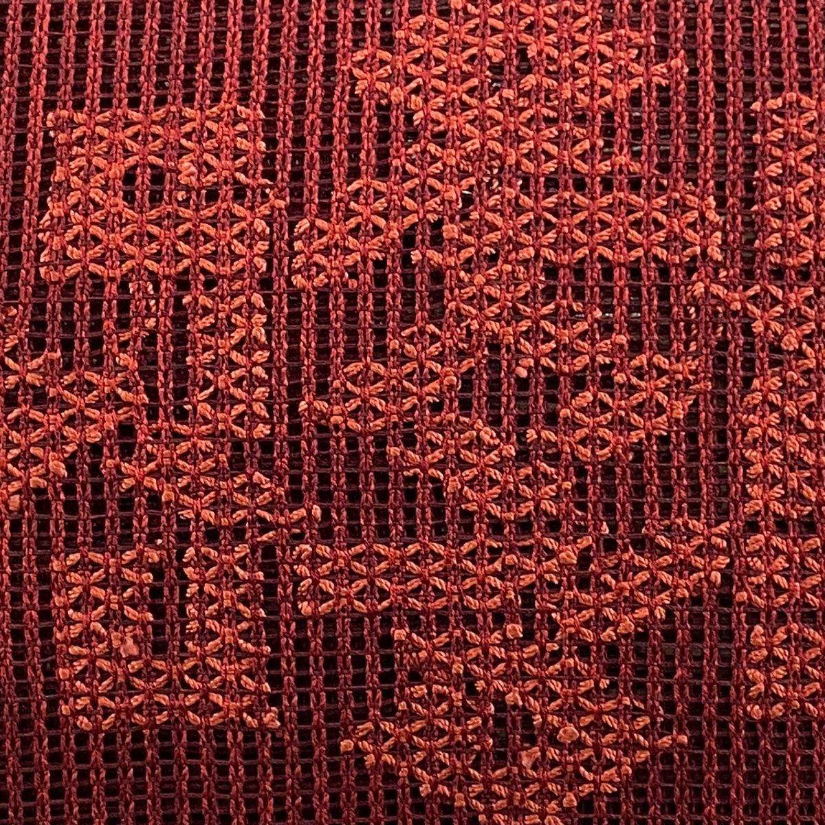 名古屋帯 優品 夏帯 羅 松葉仕立て 八寸名古屋帯 幾何学模様 えんじ色