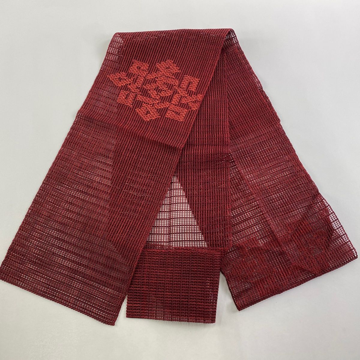 名古屋帯 優品 夏帯 羅 松葉仕立て 八寸名古屋帯 幾何学模様 えんじ色