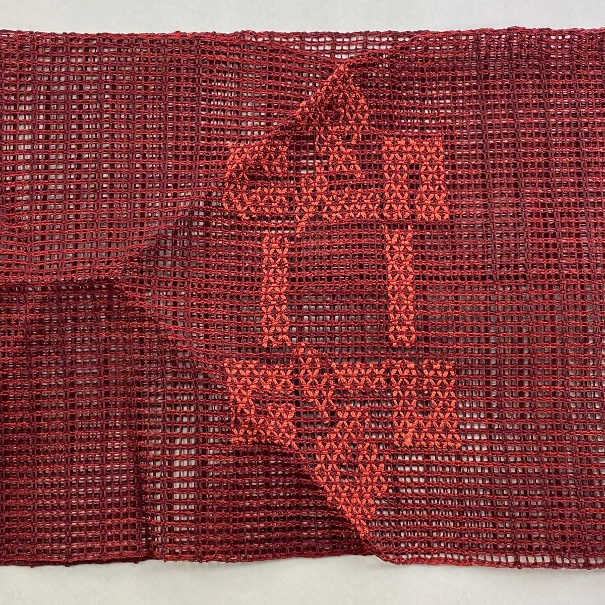 名古屋帯 優品 夏帯 羅 松葉仕立て 八寸名古屋帯 幾何学模様 えんじ色