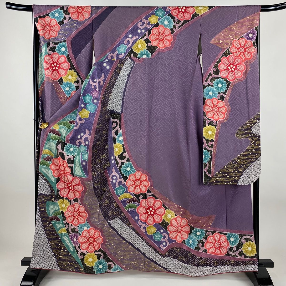 振袖 身丈163 cm 裄丈67 M 袷 花唐草 熨斗 絞り 金彩 紫 正絹