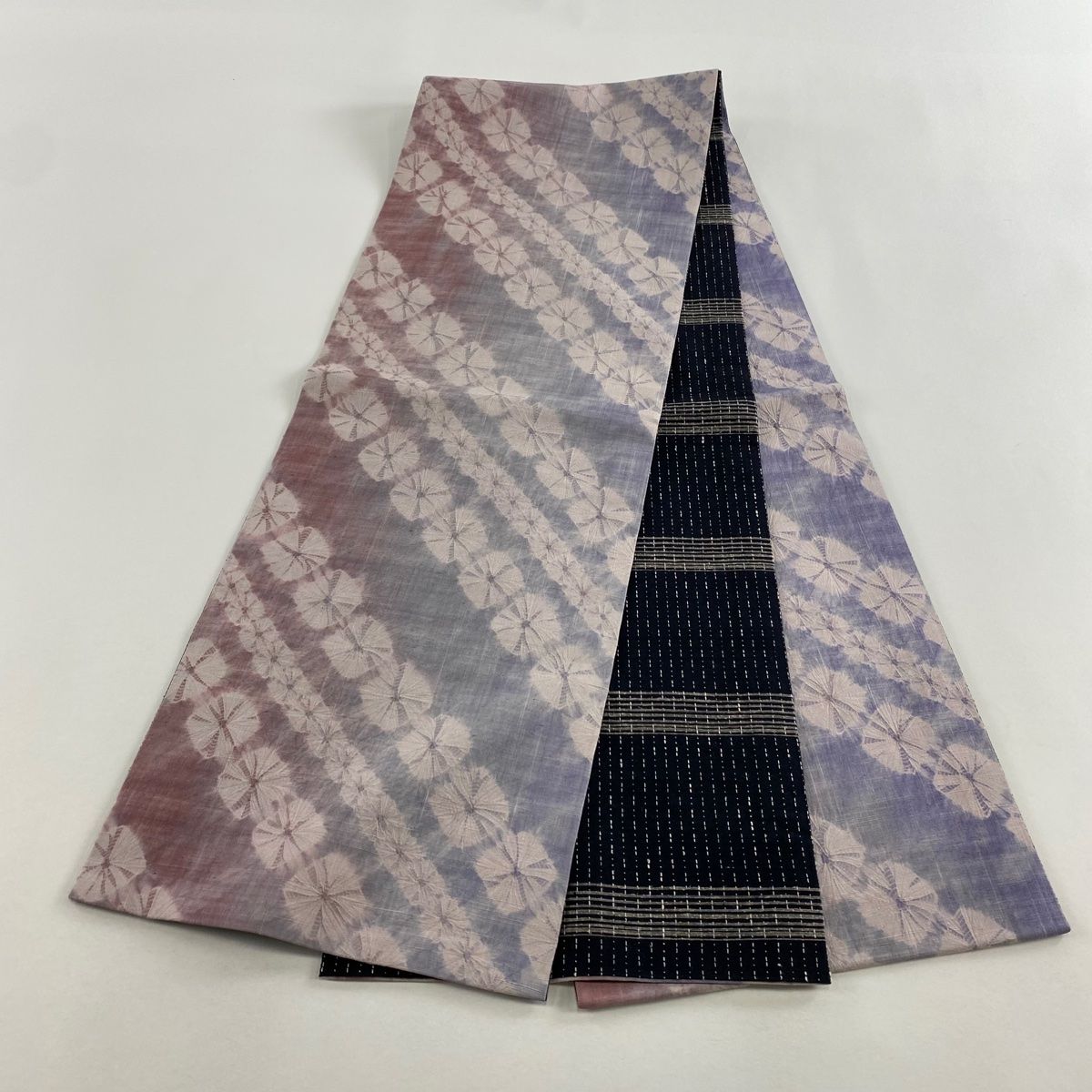  袋名古屋帯 秀品 紬地 幾何学 ぼかし 薄紫 正絹 名古屋帯 帯