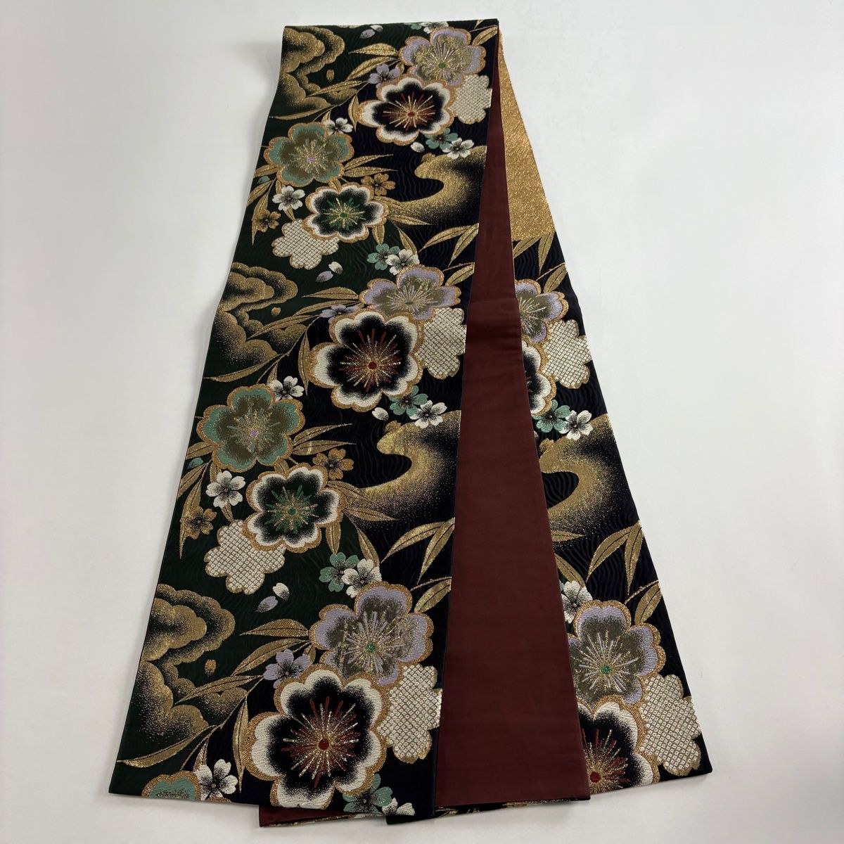 美品】 袋帯 秀品 振袖向き 桜 雲文 金糸 箔 深緑 六通 正絹 【中古
