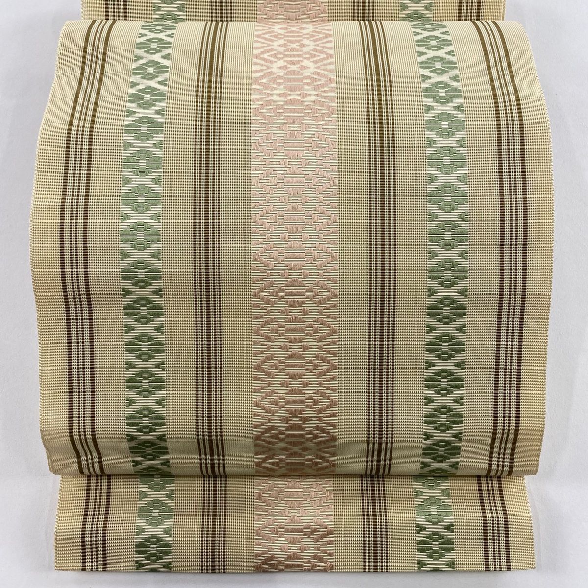 名古屋帯 秀品 夏帯 八寸名古屋帯 松葉仕立て 縞 幾何学模様 ベージュ 正絹