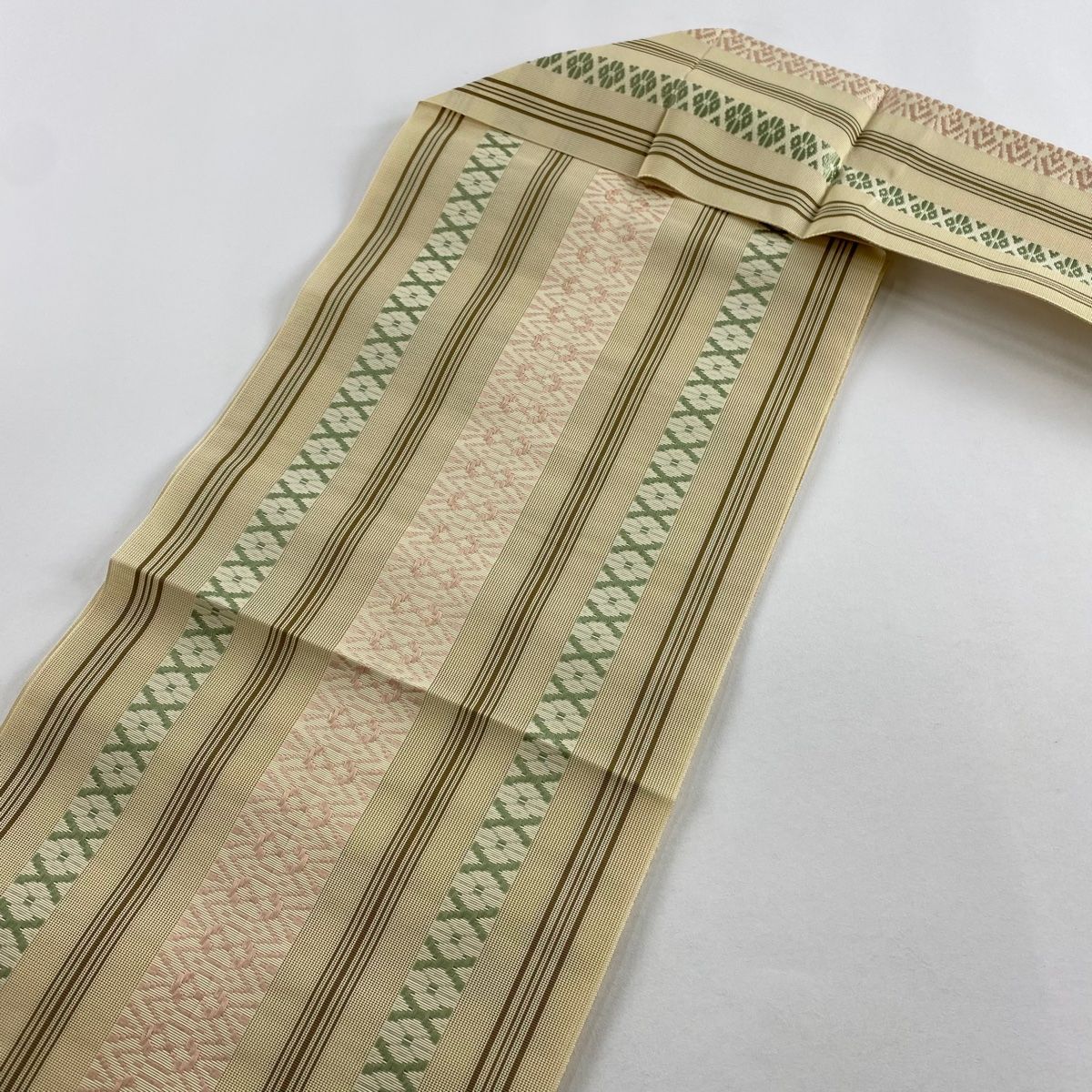 美品】 名古屋帯 秀品 夏帯 八寸名古屋帯 松葉仕立て 縞 幾何学模様