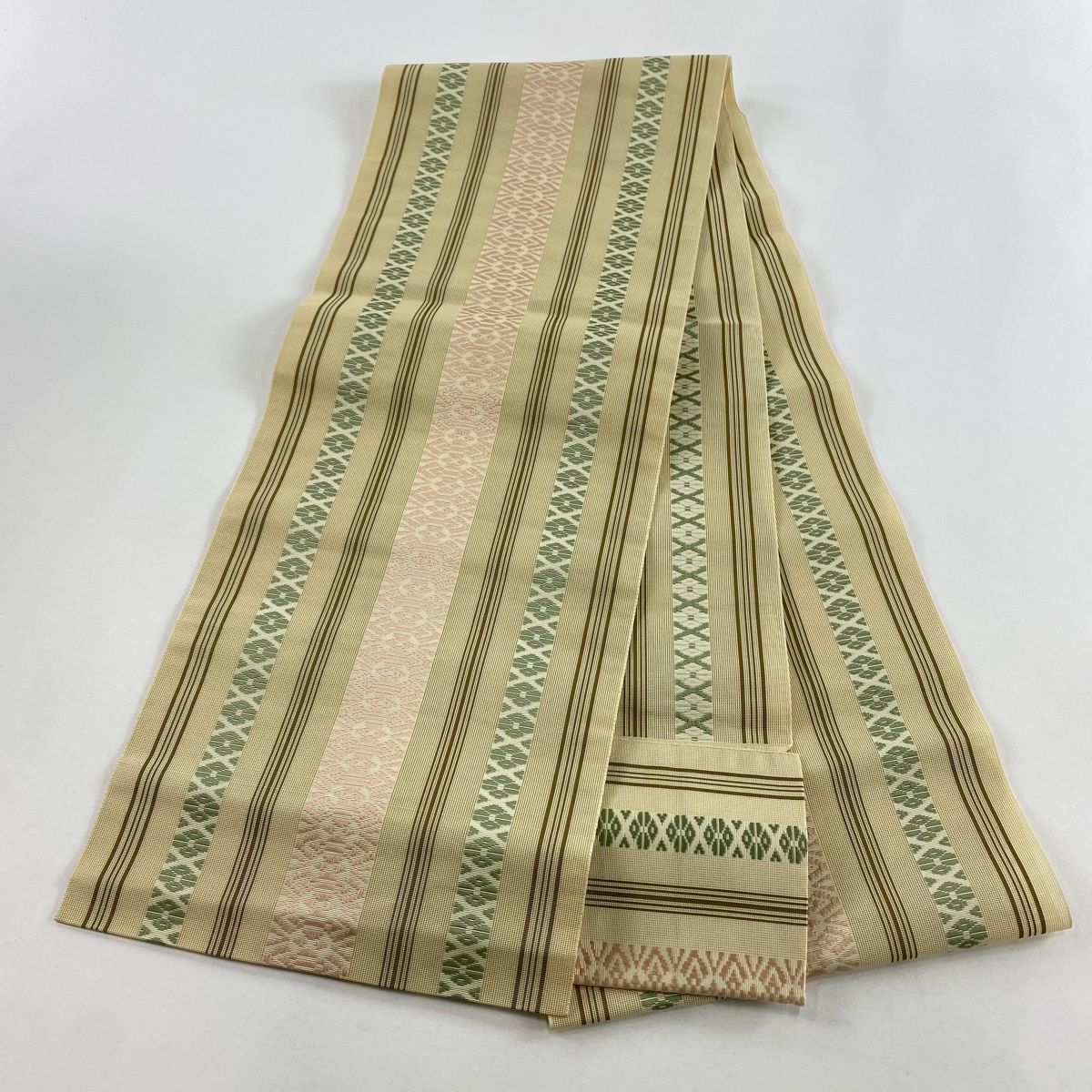 美品】 名古屋帯 秀品 夏帯 八寸名古屋帯 松葉仕立て 縞 幾何学模様