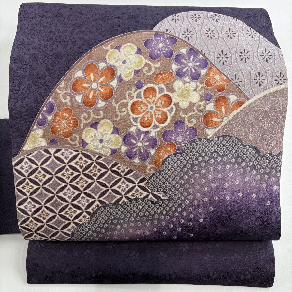 名古屋帯 秀品 梅 七宝 ぼかし 紫 正絹