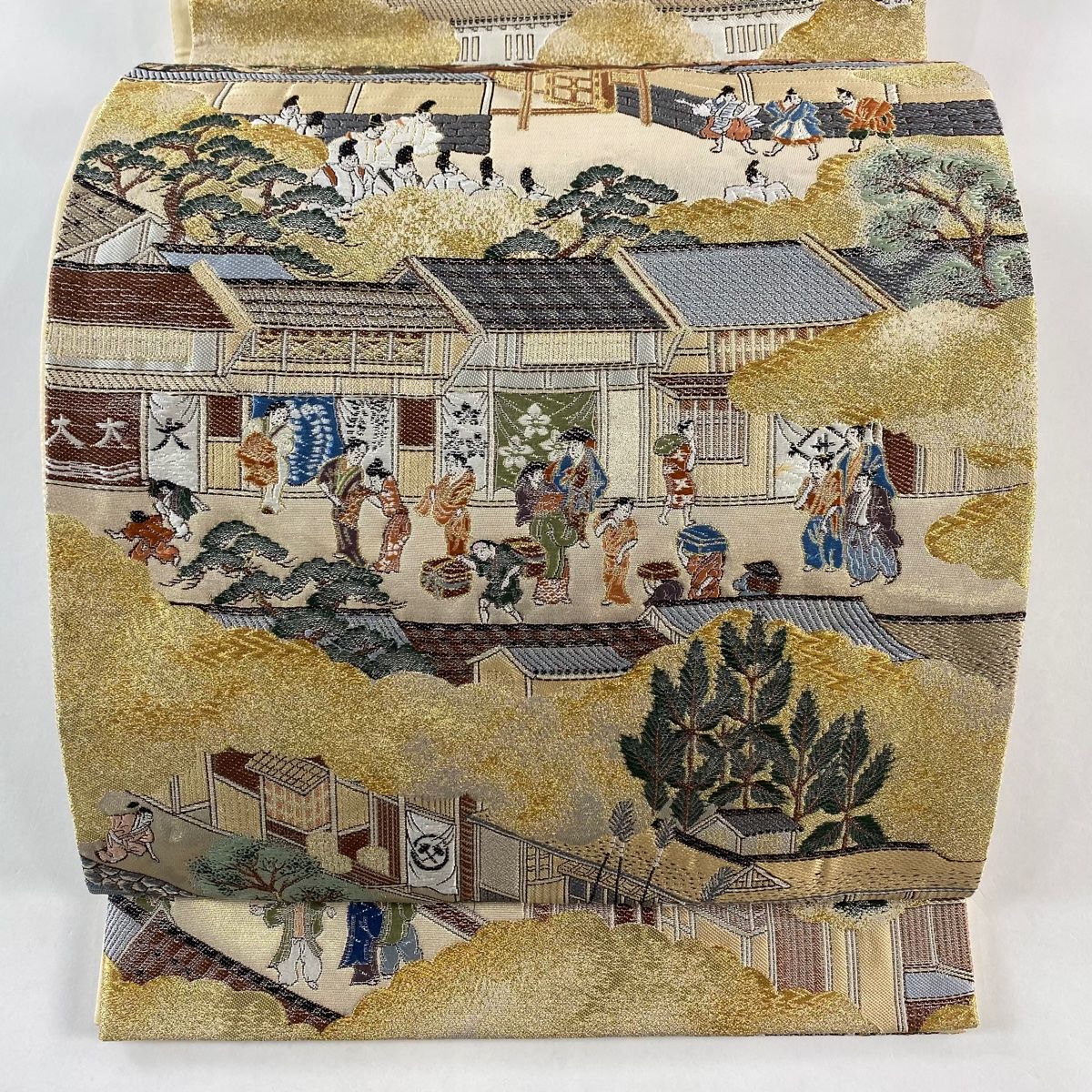 美品】 袋帯 秀品 六角堂周辺 五条新町通りの喧様 人物 金糸 箔 金色
