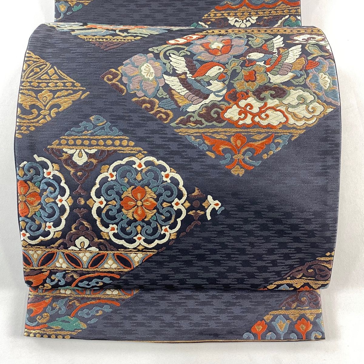 袋帯 秀品 向かい鳥 華文 唐織 金糸 灰紫 六通 正絹 【中古】 - メルカリ