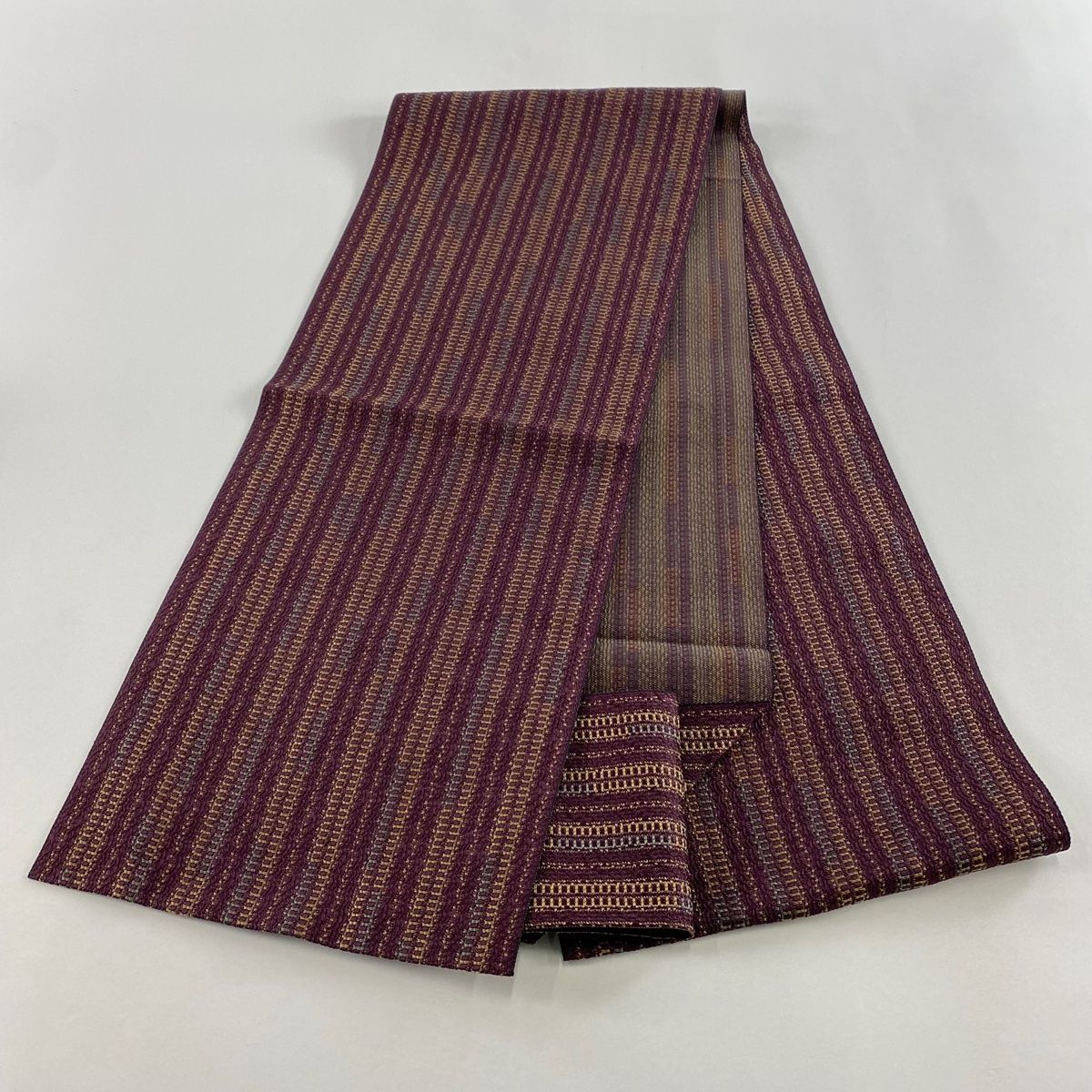  名古屋帯 秀品 松葉仕立て 八寸名古屋帯 縞 幾何学模様 小豆色 正絹 名古屋帯 帯