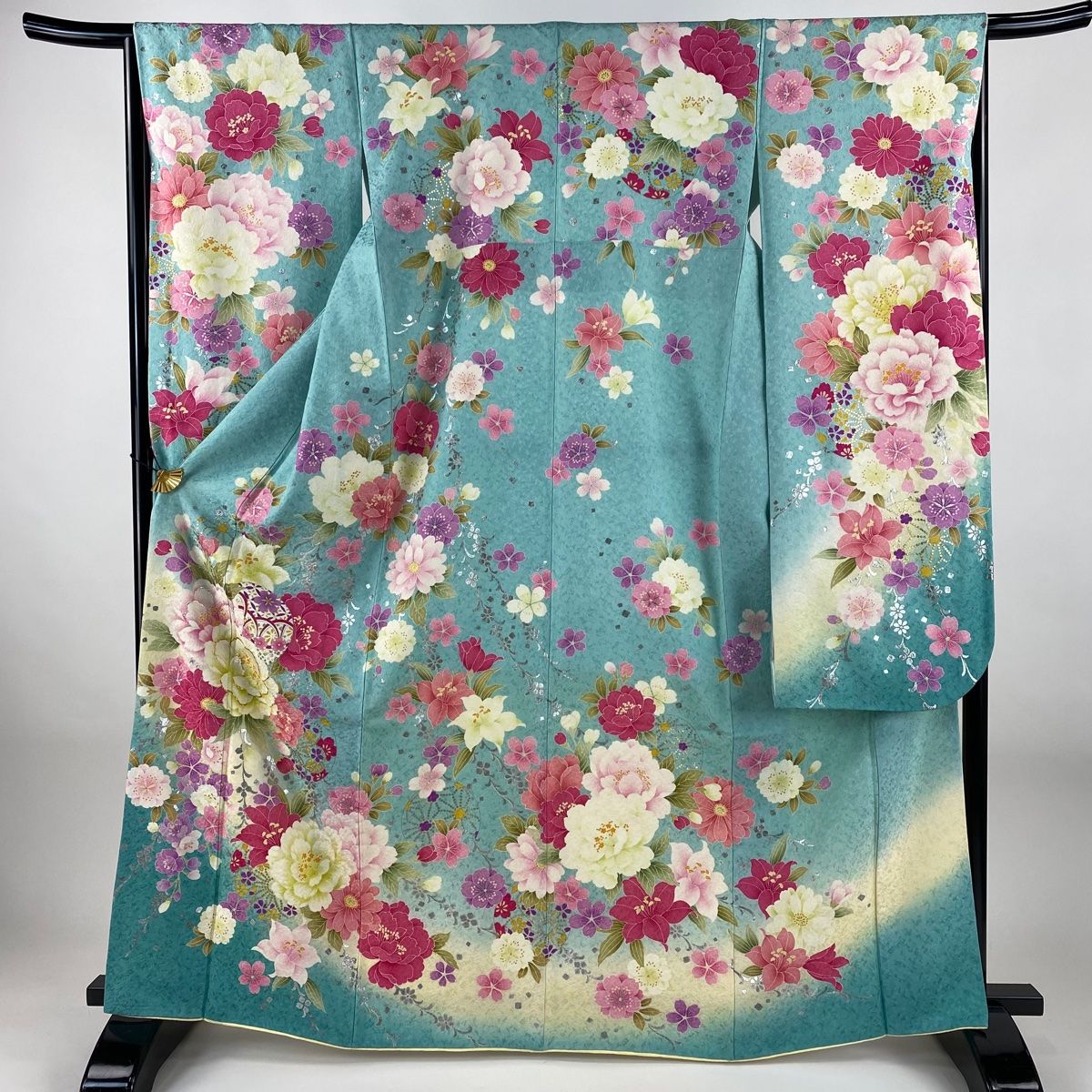 振袖 身丈165 5 cm 裄丈66 M 袷 牡丹 鞠 銀通し 金銀彩 青緑 正絹