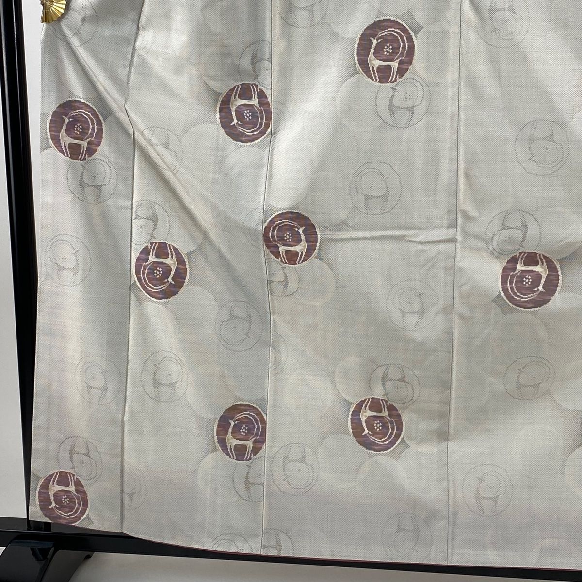 大島紬 身丈159.5 cm 裄丈65.5 M 袷 都喜ヱ門 証紙 鹿 丸紋 灰白 正絹