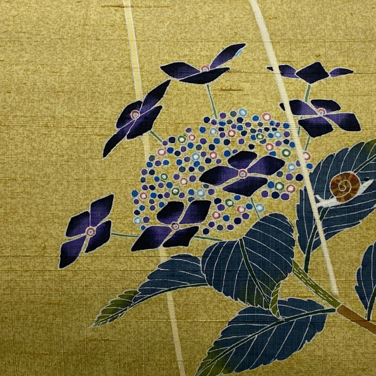 名古屋帯 落款 紬地 松尾隆男 紫陽花 蝶 からし色 正絹