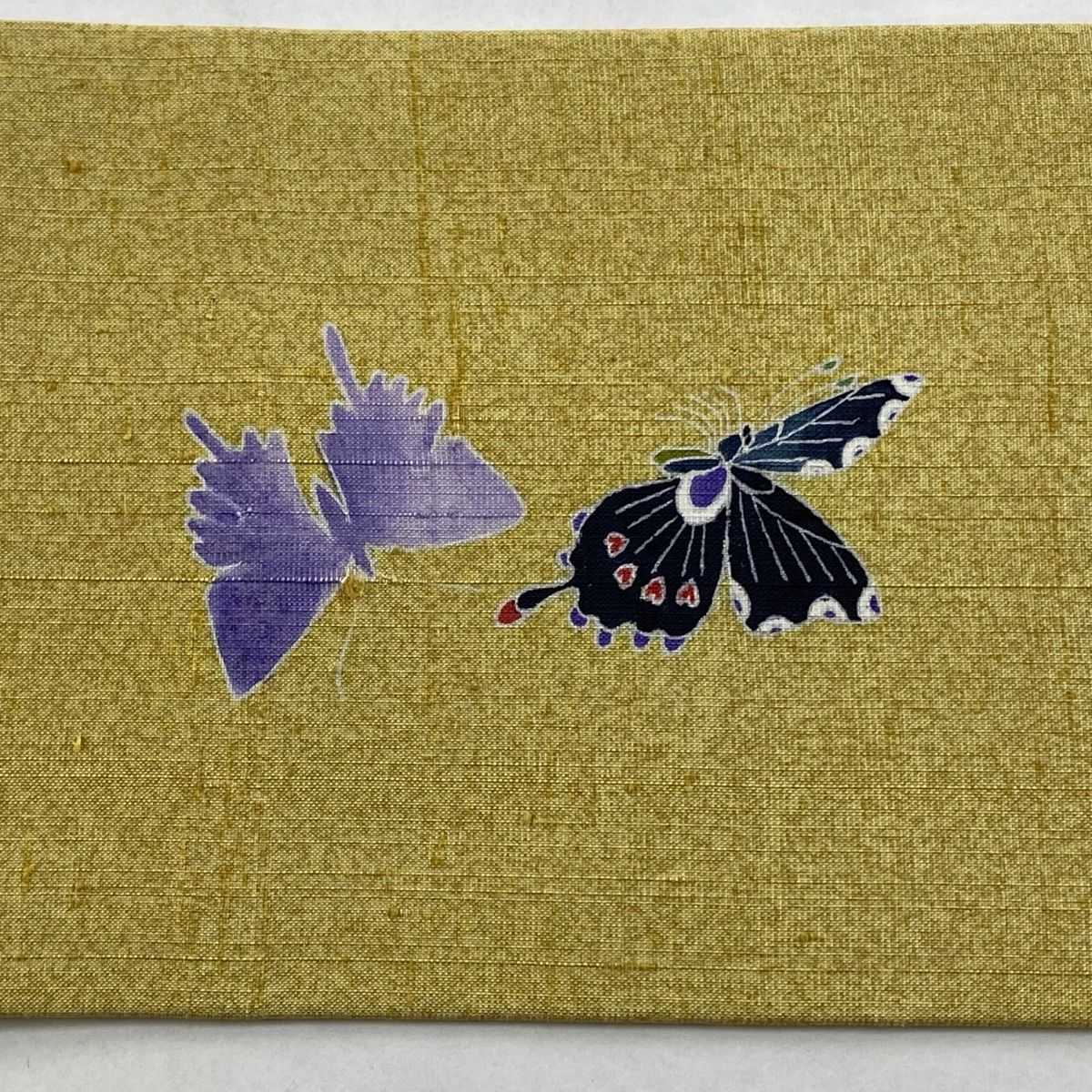  名古屋帯 落款 紬地 松尾隆男 紫陽花 蝶 からし色 正絹 名古屋帯 帯