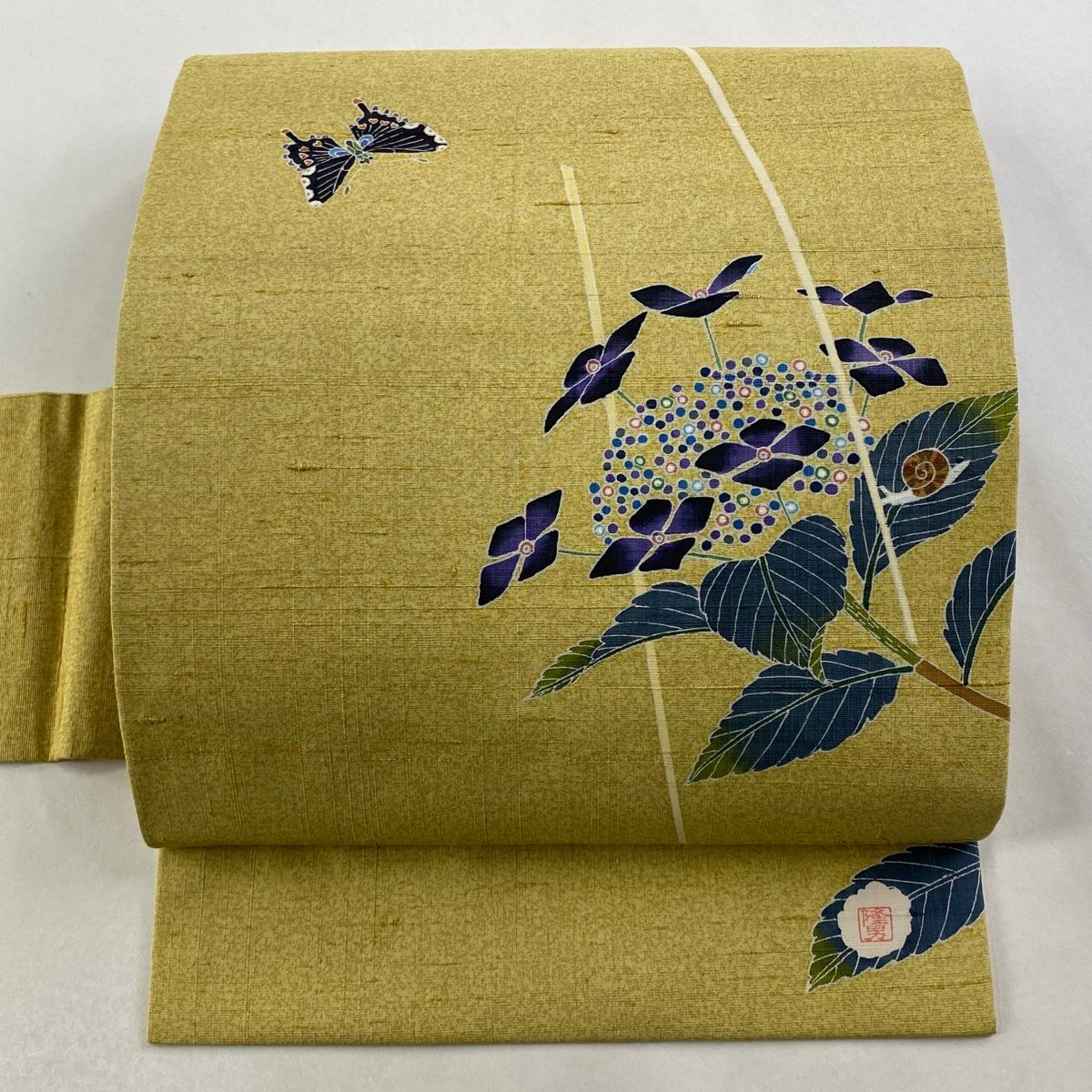 名古屋帯 落款 紬地 松尾隆男 紫陽花 蝶 からし色 正絹