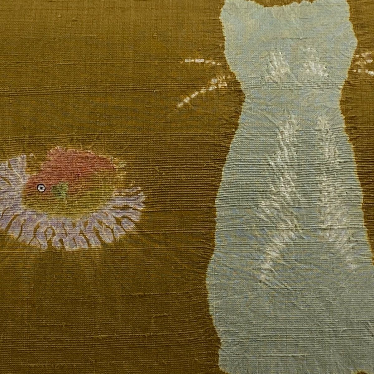 名古屋帯 落款 紬地 猫 魚 絞り 山吹茶色 正絹