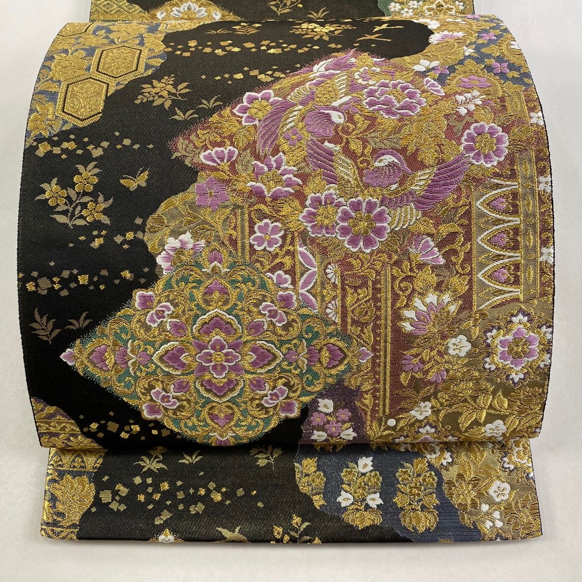 じゅらく帝王紫　美しい唐織の華紋　正絹六通高級袋帯 じゅらく帝王紫 美しい唐織の華紋 正絹六通高級袋帯 浴衣 紫 黒