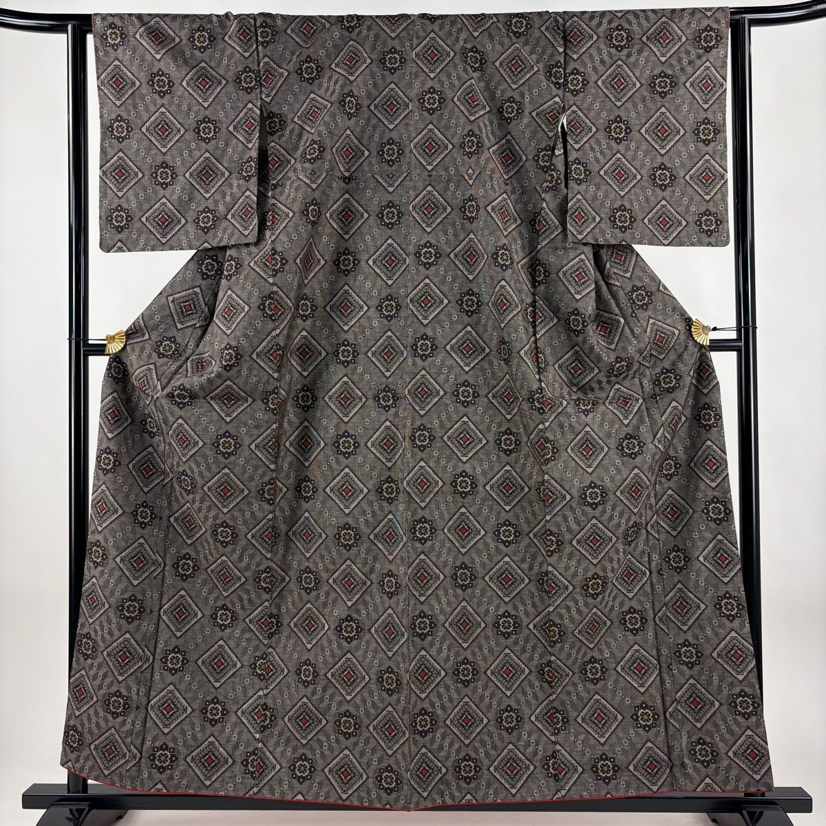 紬 身丈159 cm 裄丈64.5 M 袷 華文 幾何学模様 焦茶色 正絹