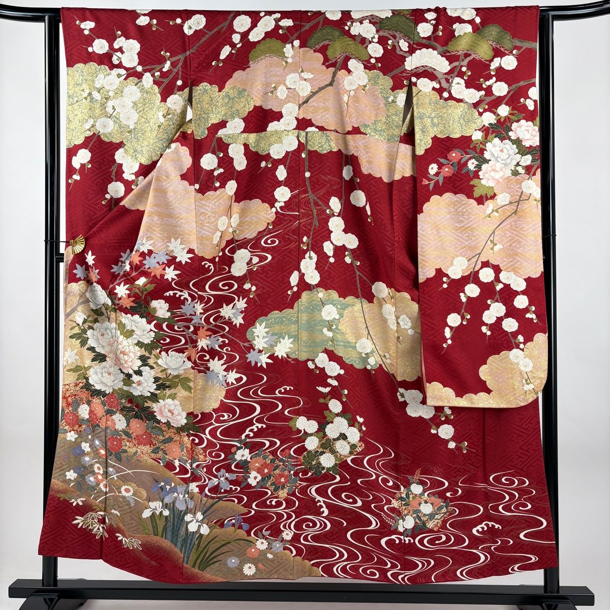 振袖 身丈155 5 cm 裄丈63 S 袷 草木友禅 落款 牡丹 流水 金糸 金彩 赤 正絹