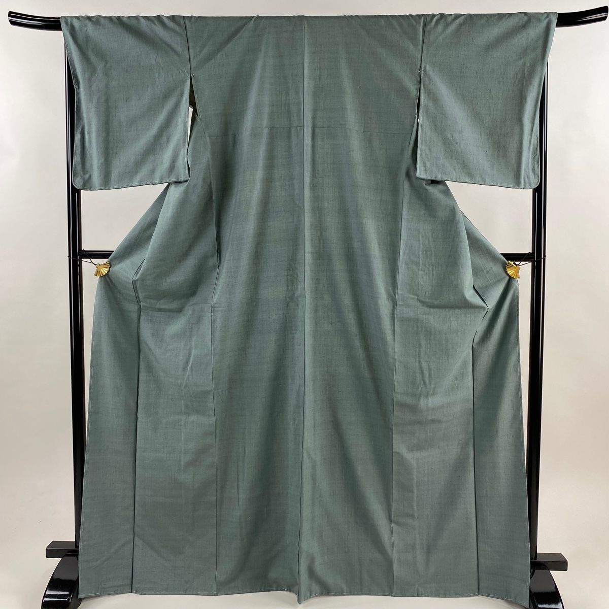 結城紬 身丈170 cm 裄丈68 5 L 袷 はたおり娘 証紙 灰緑 正絹
