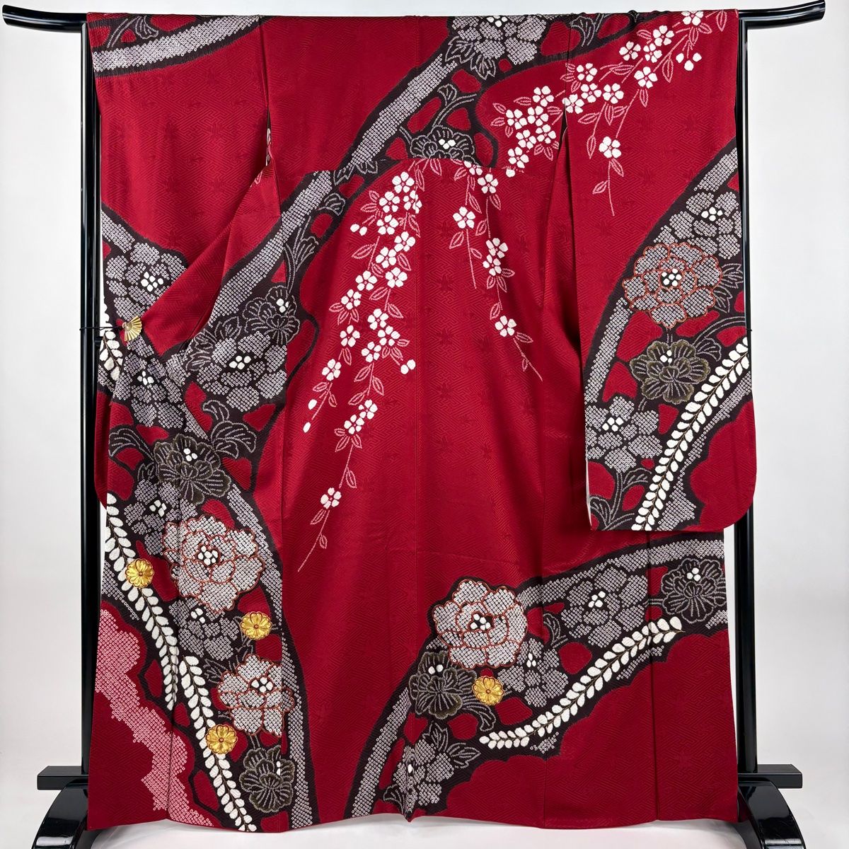 振袖 身丈167.5 cm 裄丈66.5 M 袷 牡丹 桜 絞り 金糸 赤 正絹
