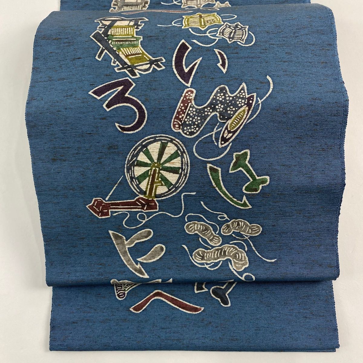 名古屋帯 落款 証紙 八寸名古屋帯 トンネル仕立て 文字文 糸巻き 青灰色 正絹