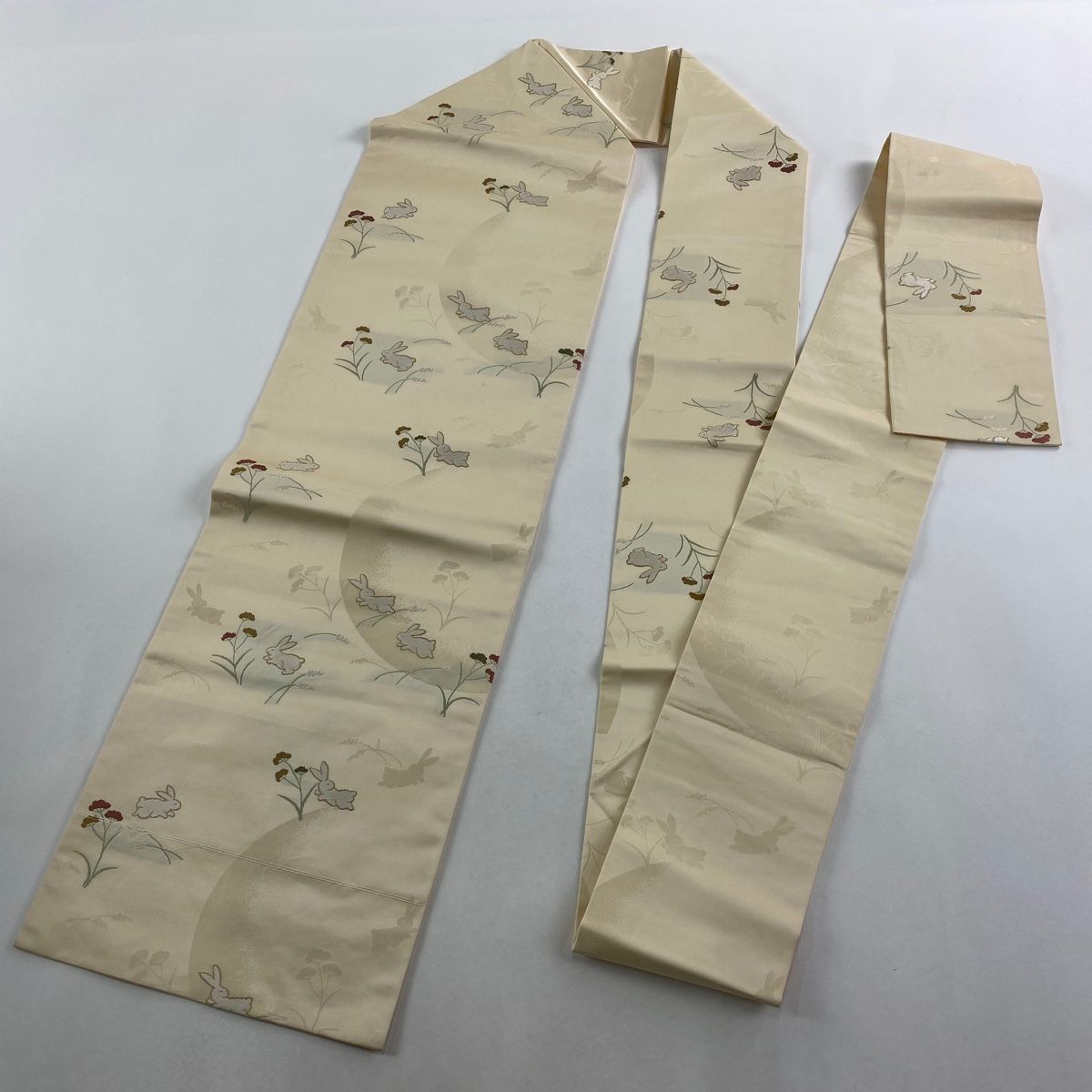  名古屋帯 うさぎ 女郎花 刺繍 ベージュ 正絹 名古屋帯 帯