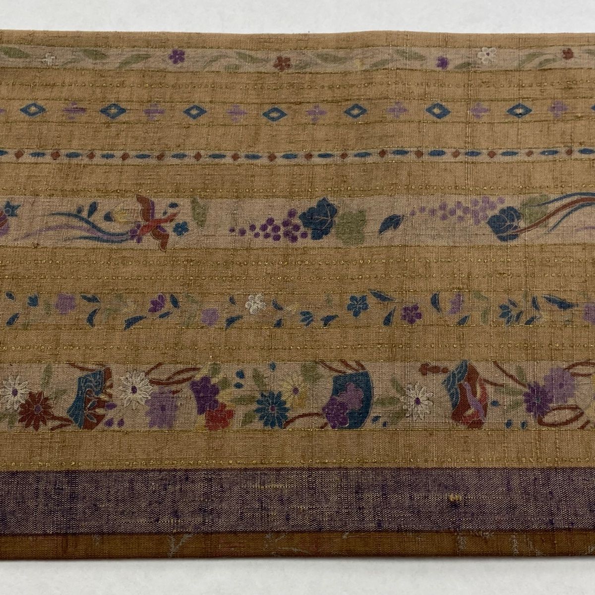  名古屋帯 小糸敏 落款 紬地 扇面 草花 金彩 薄茶色 正絹 名古屋帯 帯