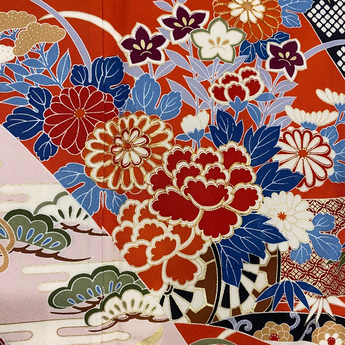  振袖 身丈163 cm 裄丈66 M 袷 菊 松竹梅 金糸 金彩 クリーム 正絹 秀品 振袖 着物