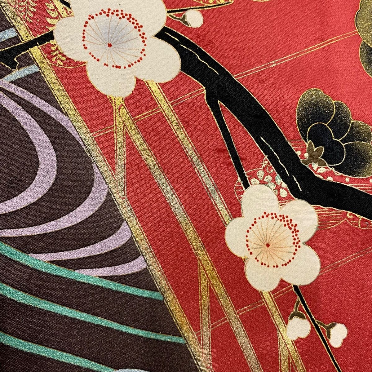  振袖 身丈168 cm 裄丈67 M 袷 枝梅 波 金糸 金彩 濃ピンク 正絹 秀品 振袖 着物