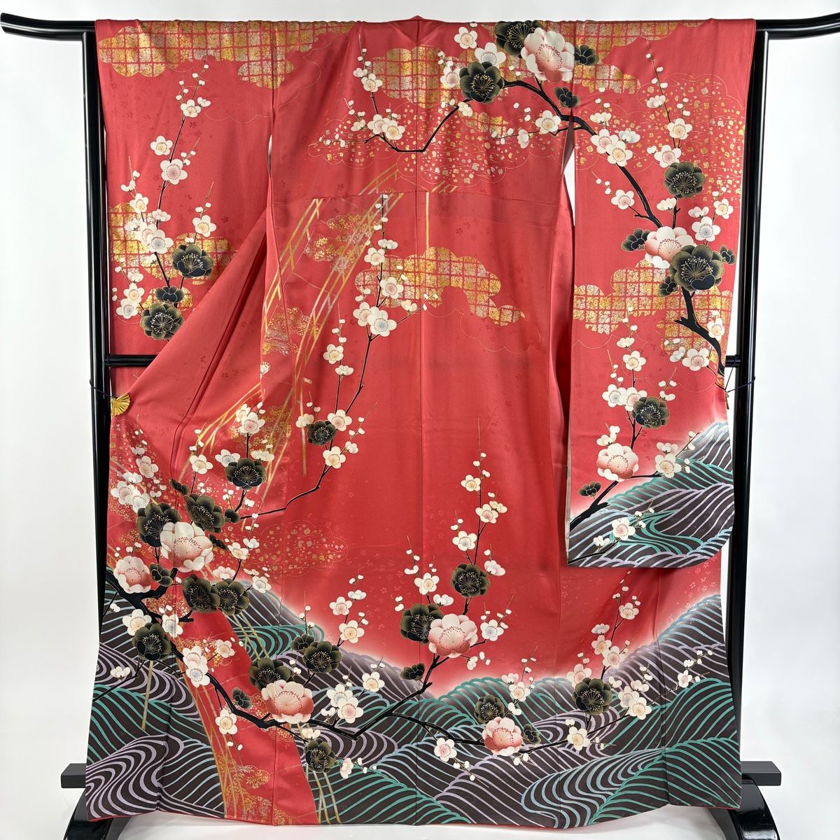 振袖 身丈168 cm 裄丈67 M 袷 枝梅 波 金糸 金彩 濃ピンク 正絹 秀品
