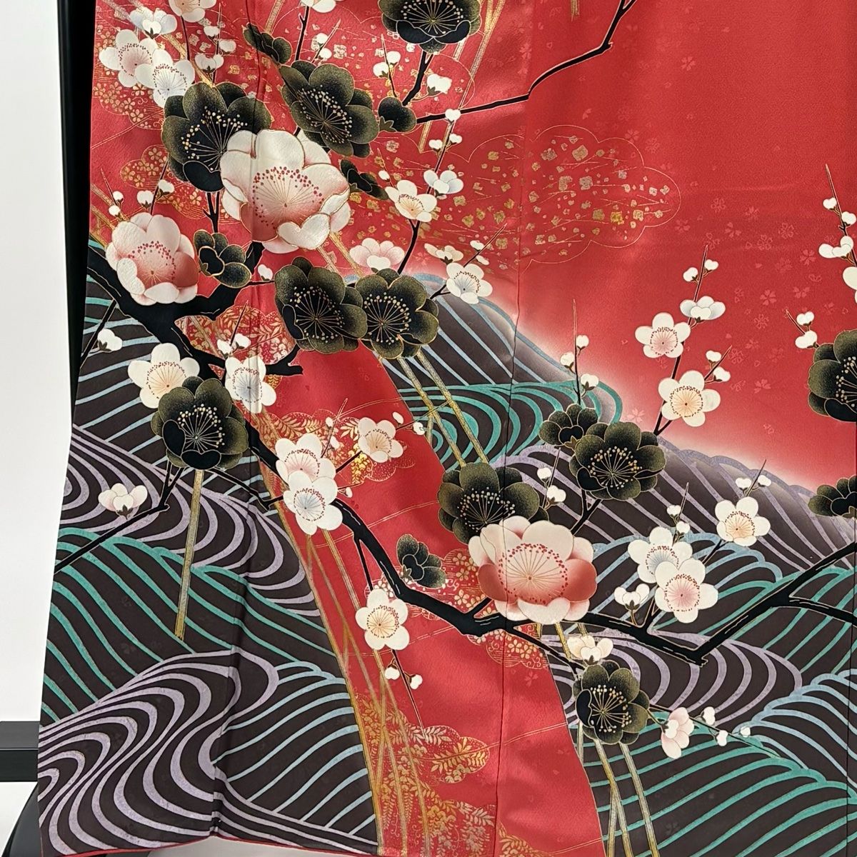 振袖 身丈168 cm 裄丈67 M 袷 枝梅 波 金糸 金彩 濃ピンク 正絹 秀品
