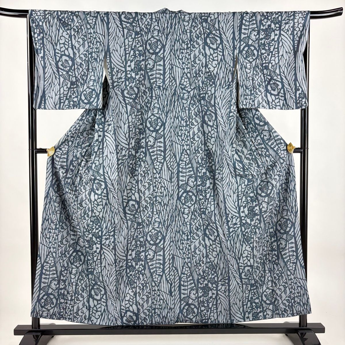 小紋 身丈155 cm 裄丈66 M 袷 紬地 梅 葉柄 青灰色 正絹 秀品