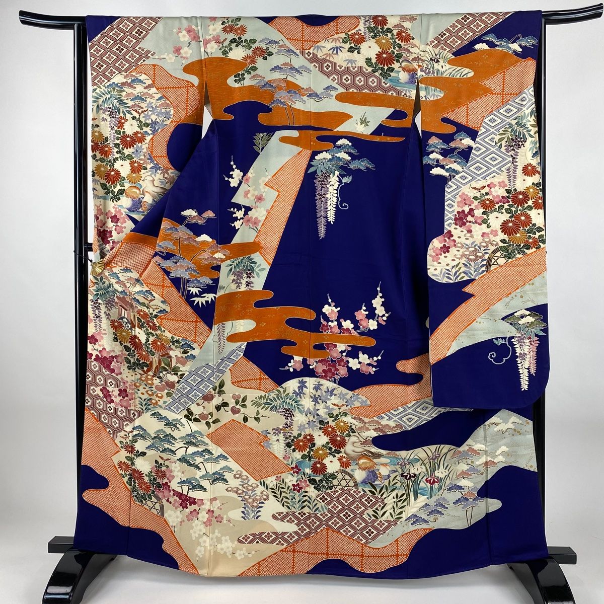 振袖 身丈163 cm 裄丈64 M 袷 御所車 草花 金彩 染分け 紺色 正絹 秀品