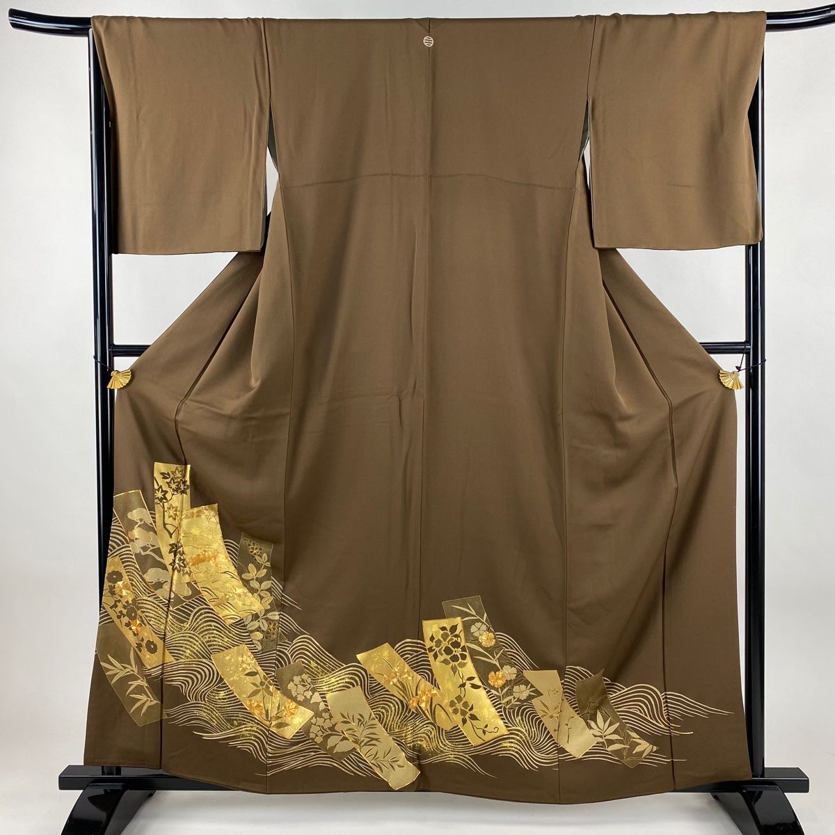 色留袖 身丈159.5 cm 裄丈67.5 L 袷 短冊 鶴 金糸 金彩 焦茶色 正絹 秀品 一つ紋