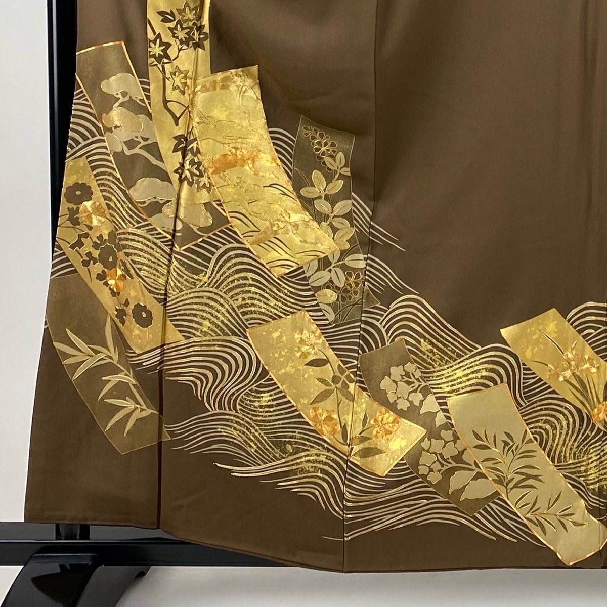 色留袖 身丈159 5 cm 裄丈67 L 袷 短冊 鶴 金糸 金彩 焦茶色 正絹 秀品 一つ紋