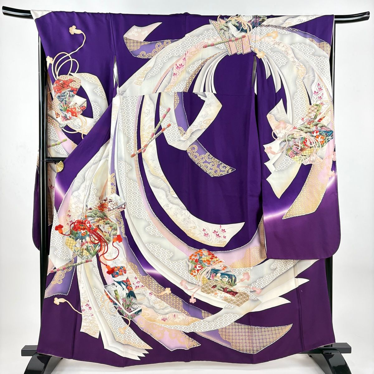 振袖 身丈161 cm 裄丈69 5 L 袷 文箱 熨斗 刺繍 金彩 紫 正絹 秀品