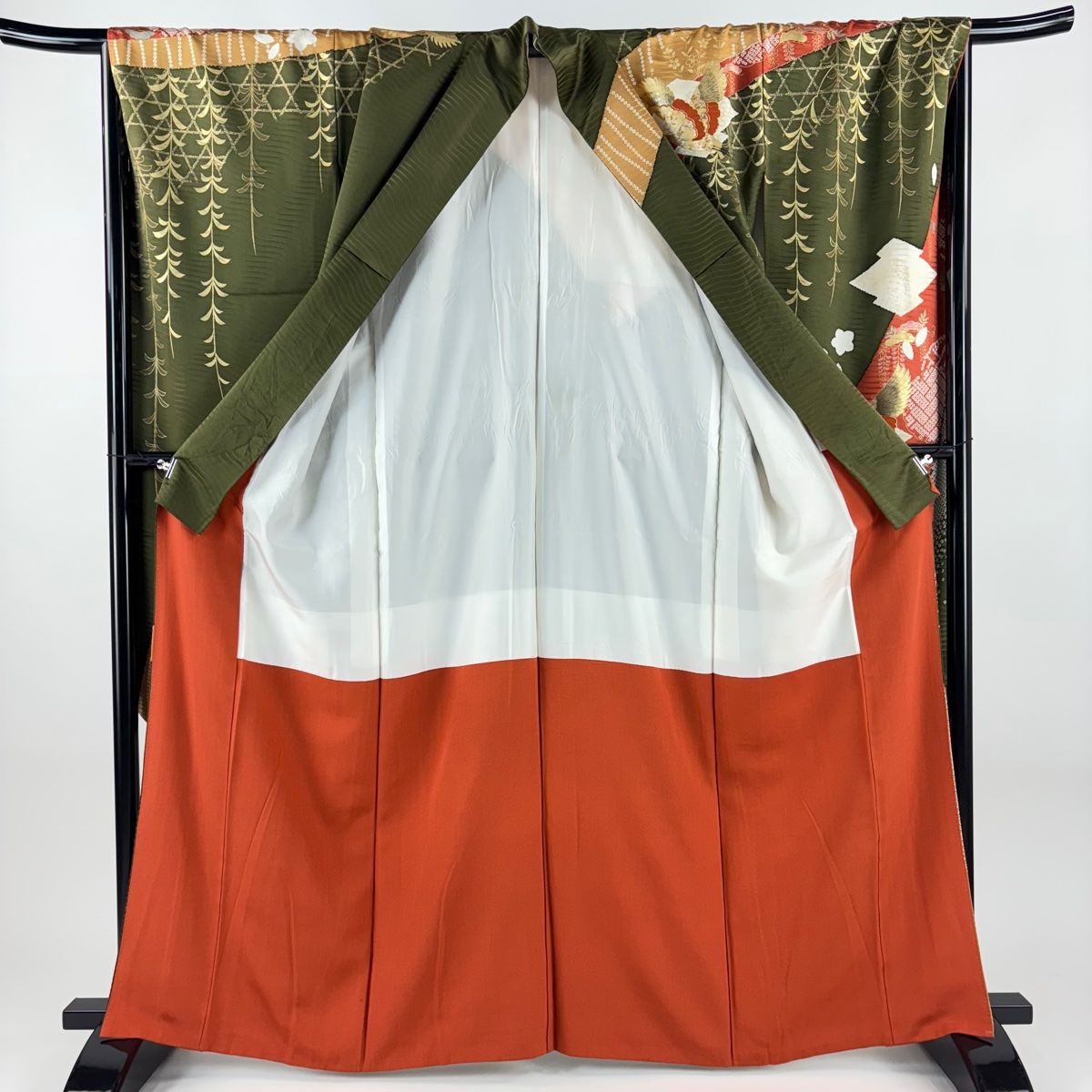  振袖 身丈163 cm 裄丈69 L 袷 松 金糸 金銀彩 茶緑色 正絹 秀品 振袖 着物