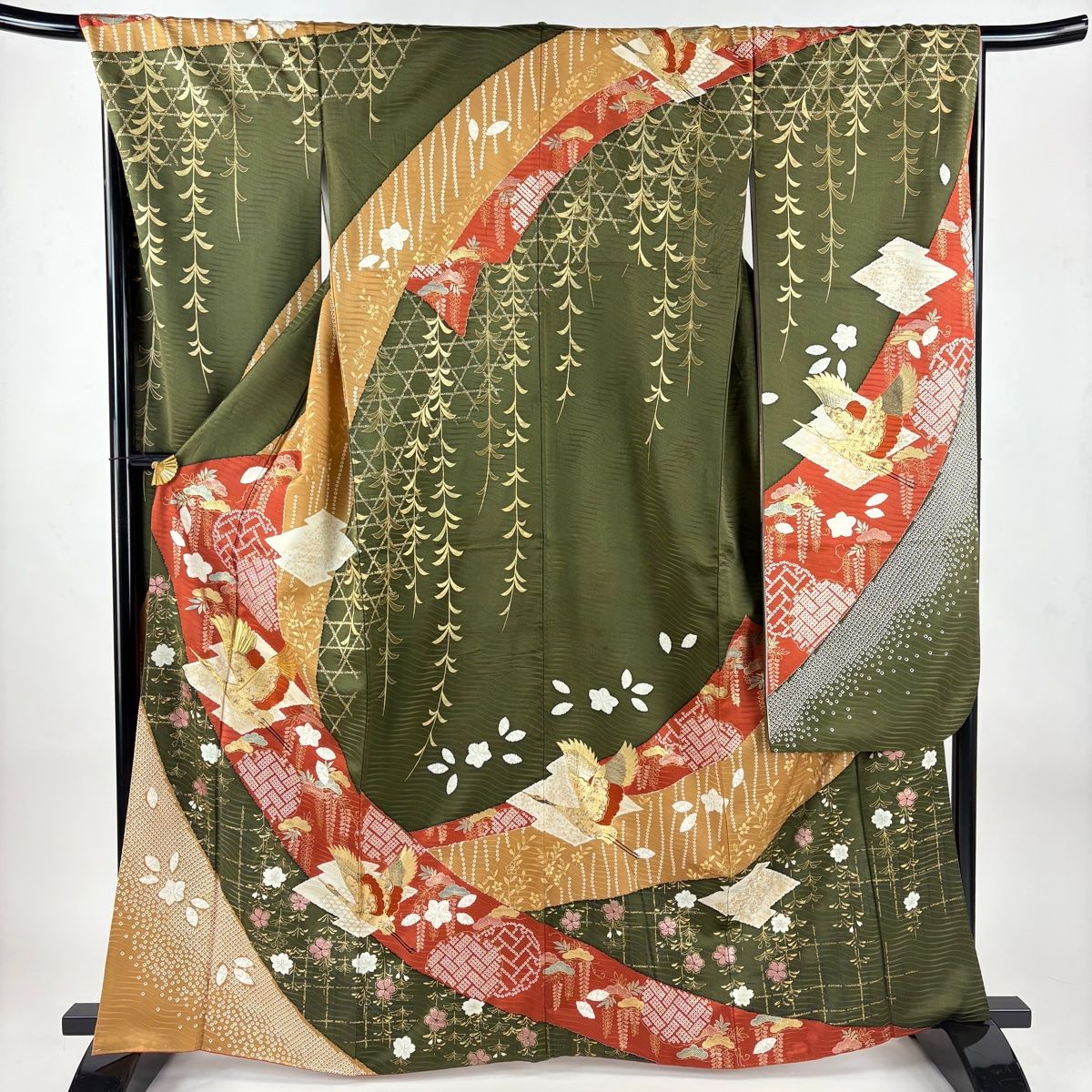 振袖 身丈163 cm 裄丈69 L 袷 松 金糸 金銀彩 茶緑色 正絹 秀品