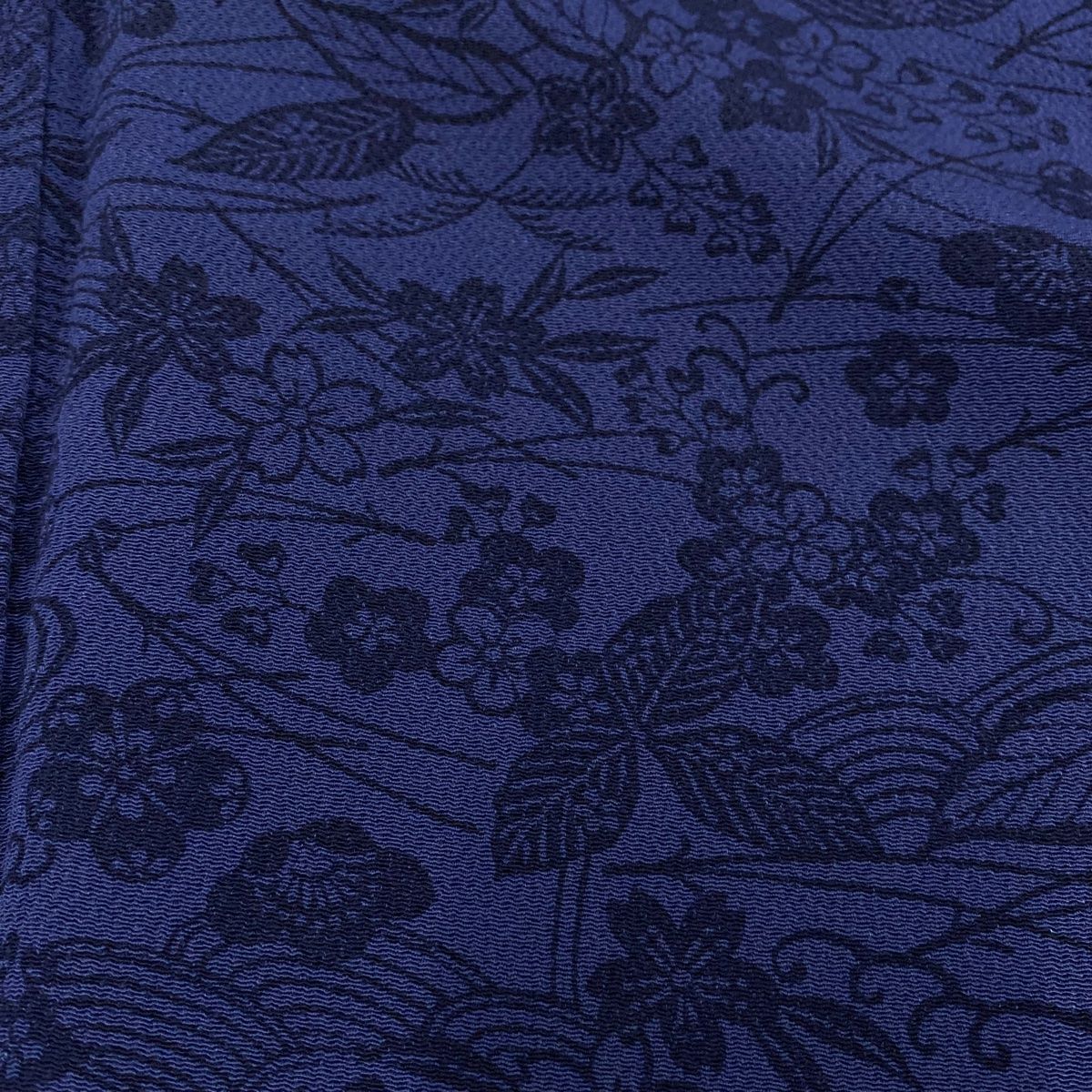 小紋 身丈152 5 cm 裄丈60 S 袷 ますいわ屋 梅 松葉 縮緬 藍色 正絹 秀品 オーバーサイズ ベージュ系