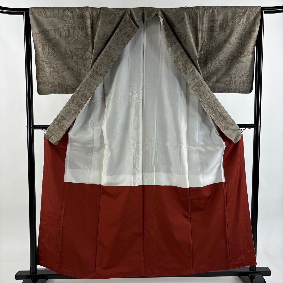  紬 身丈158 cm 裄丈65.5 M 袷 コプト 雲文 灰緑 正絹 秀品 紬 着物