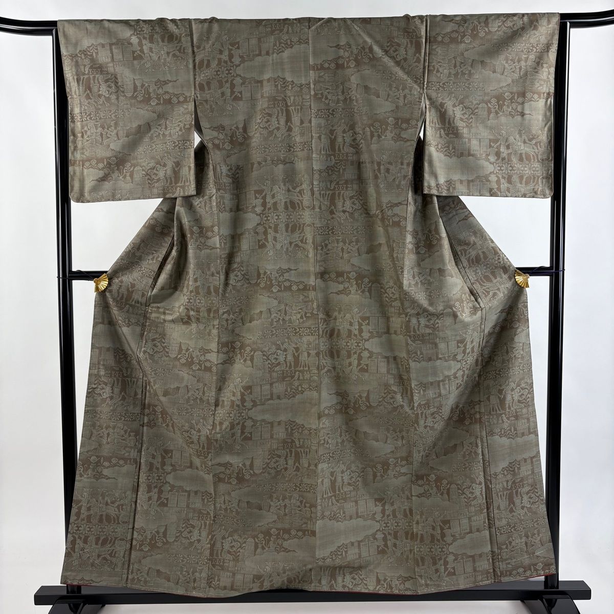 紬 身丈158 cm 裄丈65.5 M 袷 コプト 雲文 灰緑 正絹 秀品