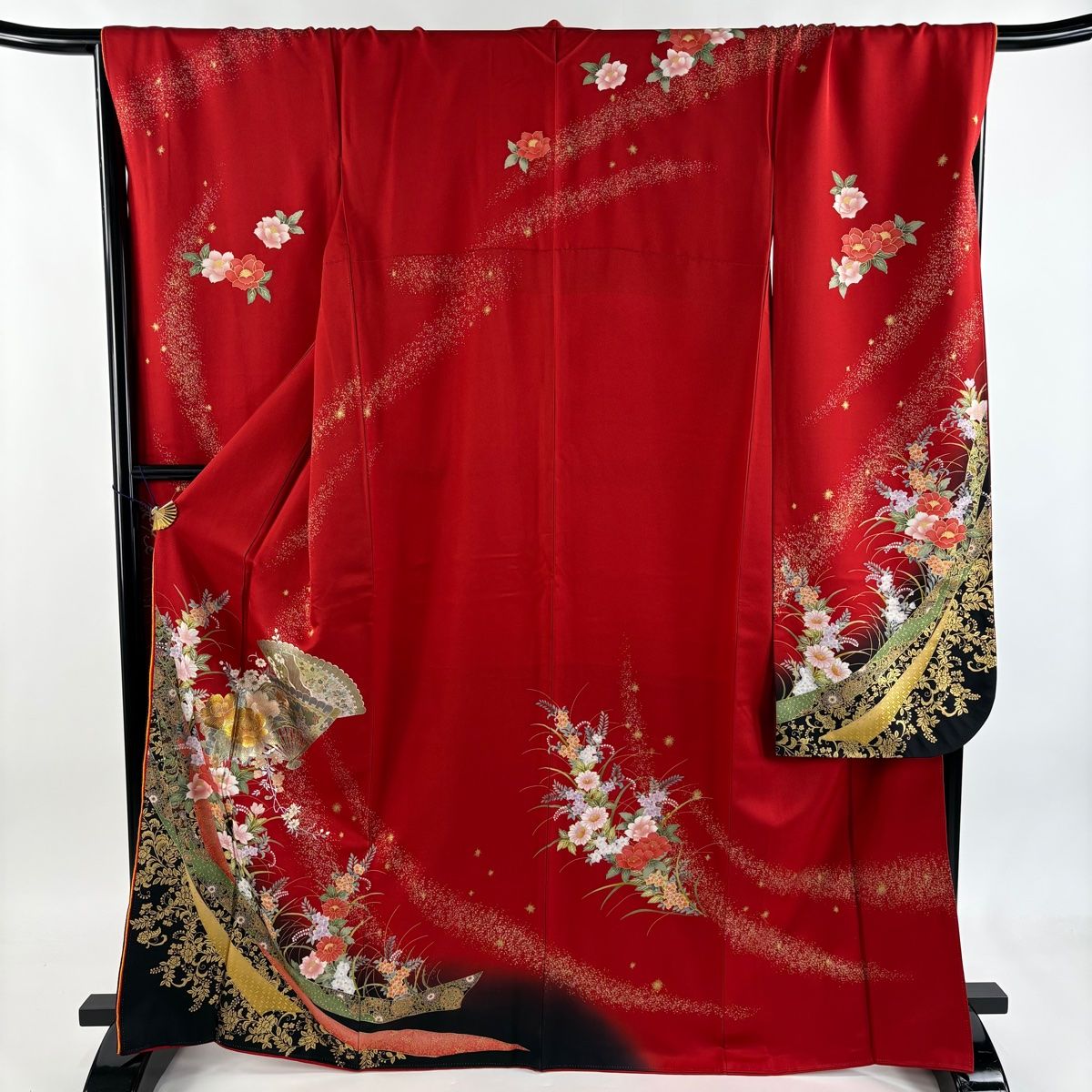 振袖 身丈167 cm 裄丈69 5 L 袷 桂由美 落款 草花 桧扇 金銀彩 ラメ 赤 正絹 秀品