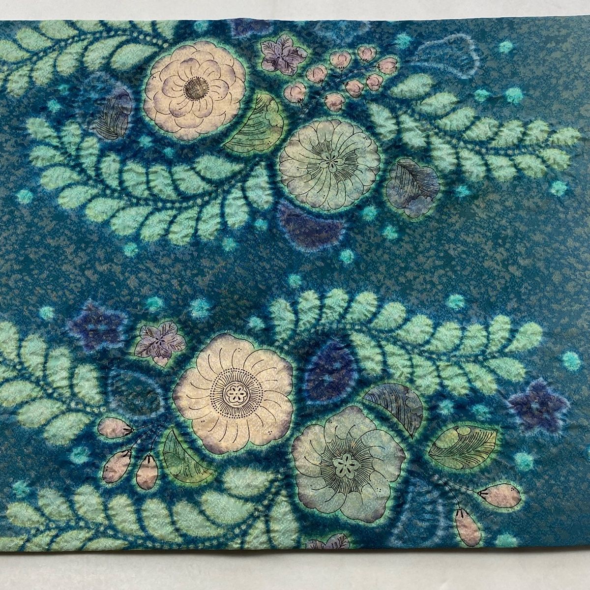 美品】 袋帯 名品 落款 辻が花 金通し 青緑 お太鼓柄 正絹 【中古