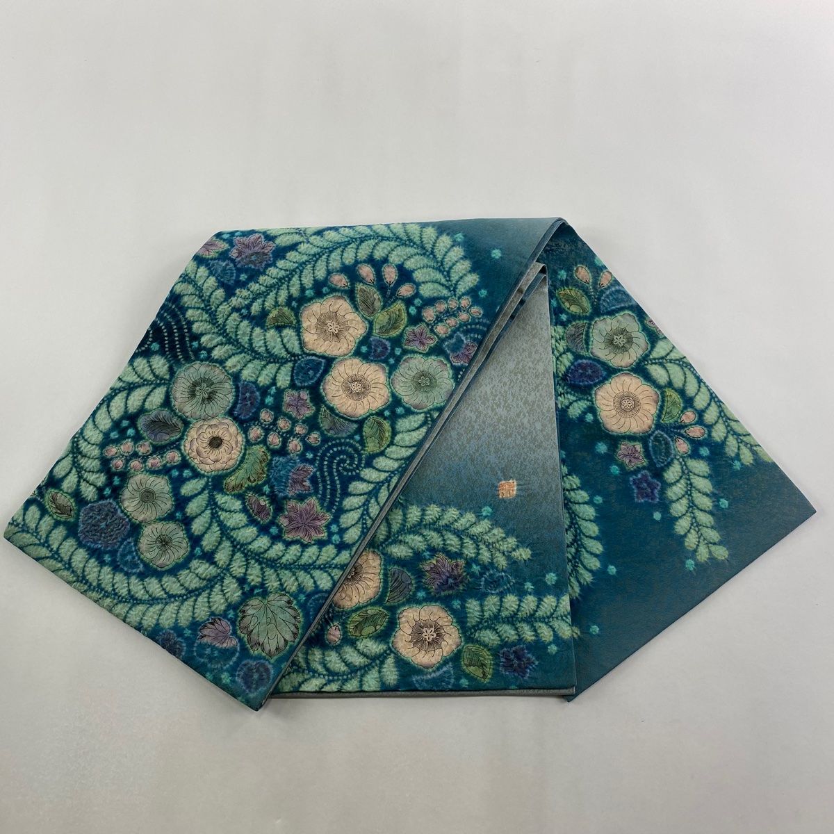 美品】 袋帯 名品 落款 辻が花 金通し 青緑 お太鼓柄 正絹 【中古