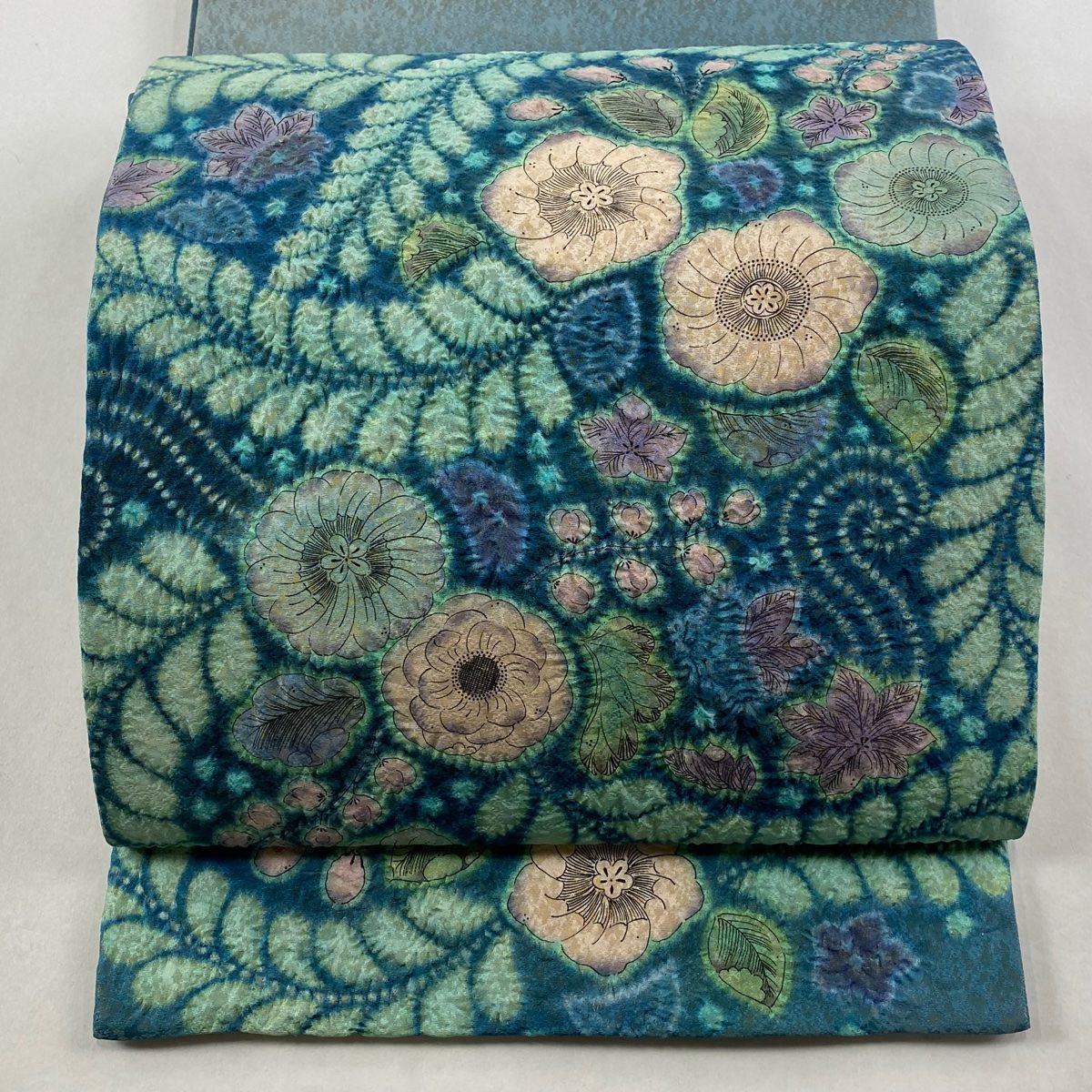 美品】 袋帯 名品 落款 辻が花 金通し 青緑 お太鼓柄 正絹 【中古