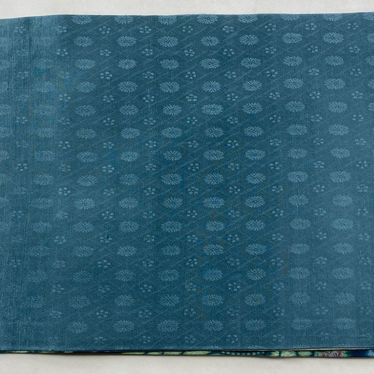 美品】 袋帯 名品 落款 辻が花 金通し 青緑 お太鼓柄 正絹 【中古