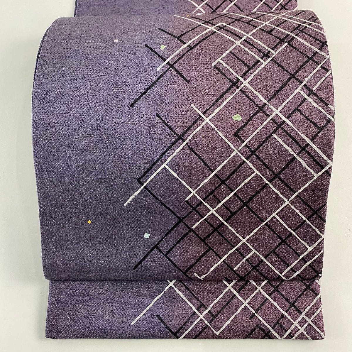 袋帯 幾何学 箔散らし ぼかし 灰紫 お太鼓柄 正絹