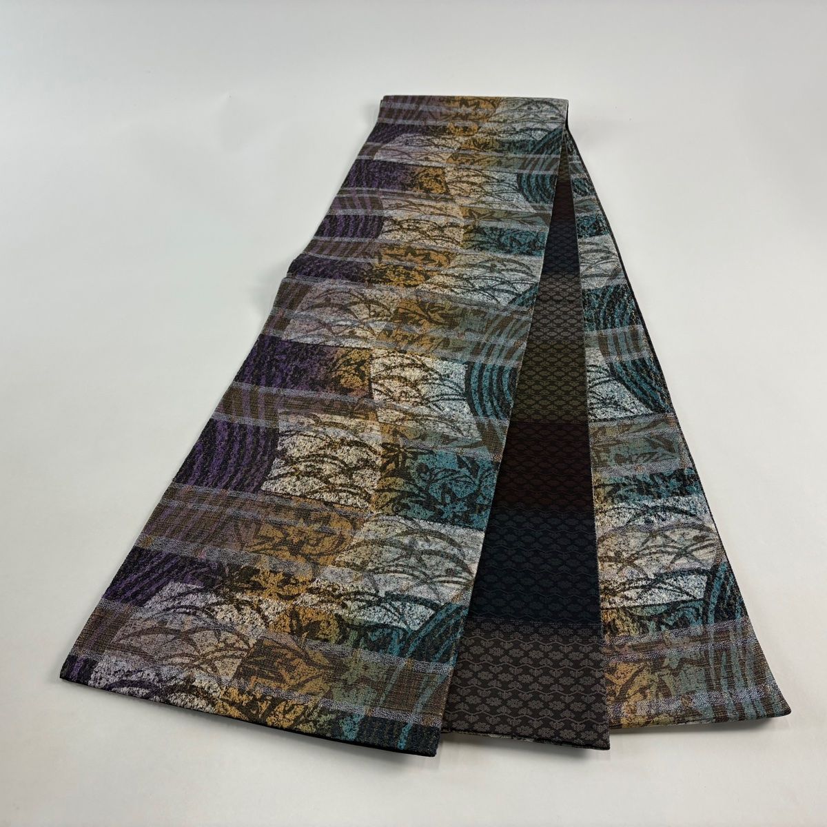  袋帯 芝 横縞 金銀糸 箔 墨色 全通 正絹 袋帯 帯