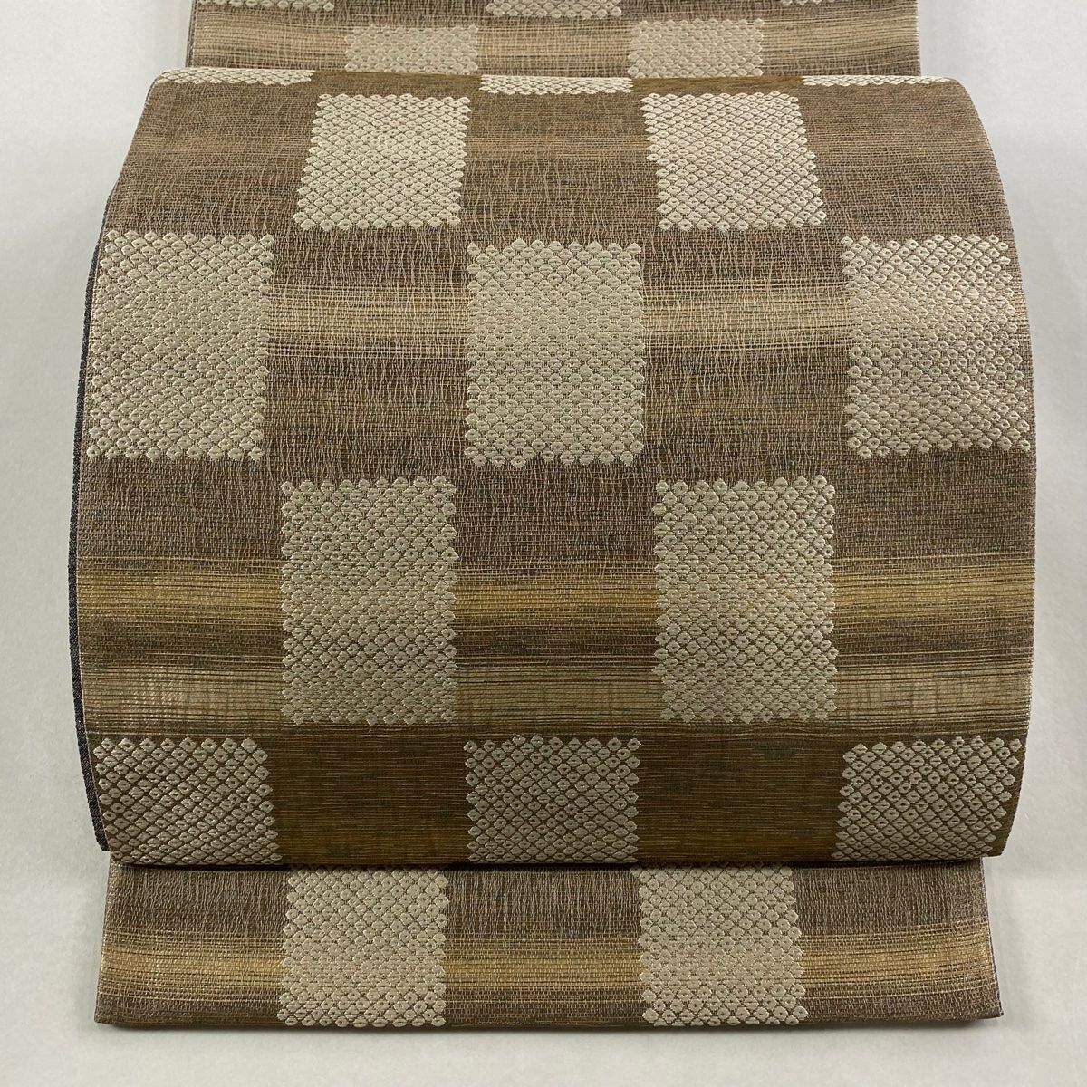 袋帯 市松 疋田 栗皮染 灰茶 全通 正絹